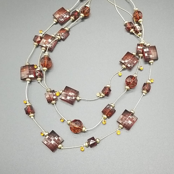 Gold Triple Layered with Amber, Brown, Gold Beads & Orange Rhinestones Necklace - Picture 5 of 6